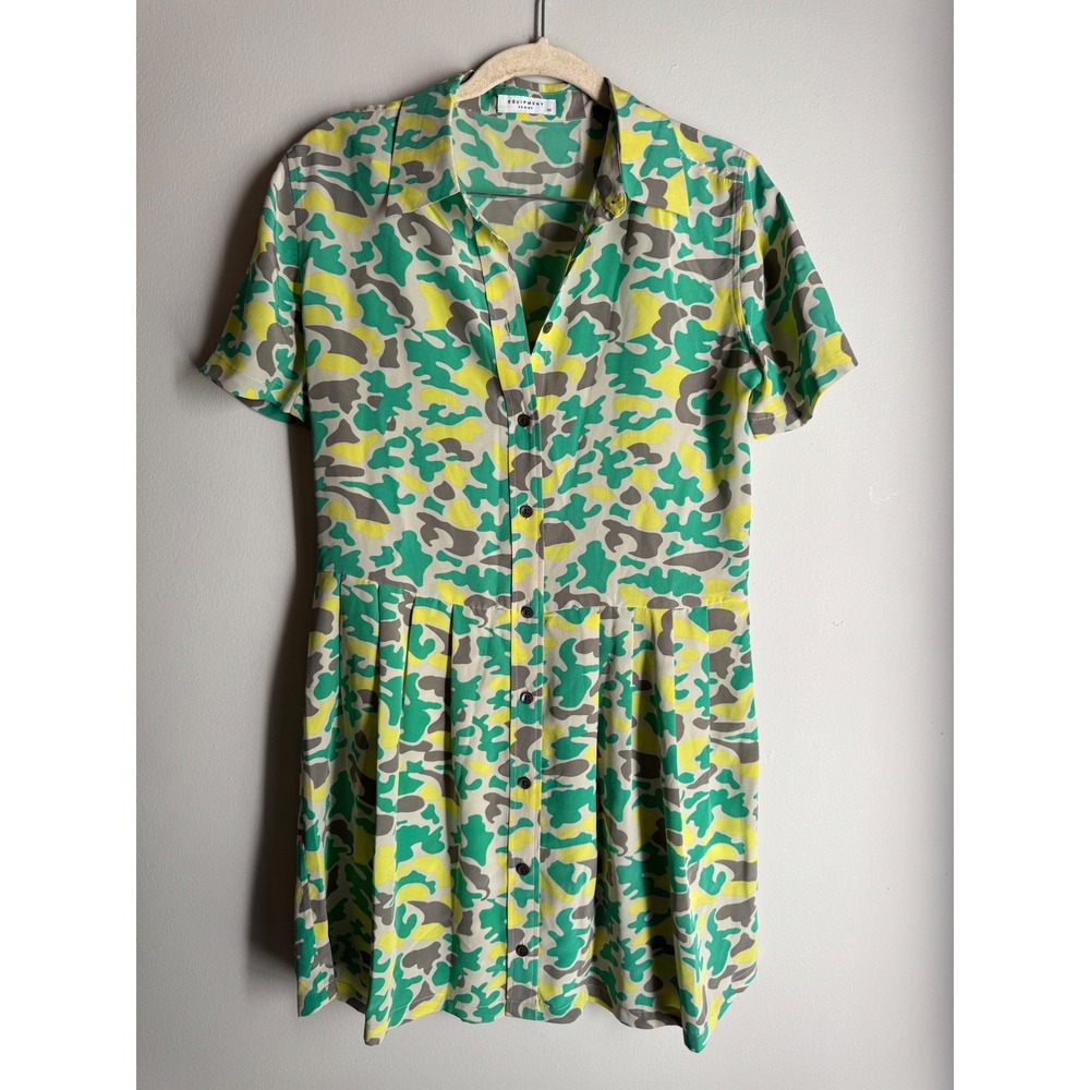 Equipment Femme Silk Camo Print Shirt Dress Green Yellow XS